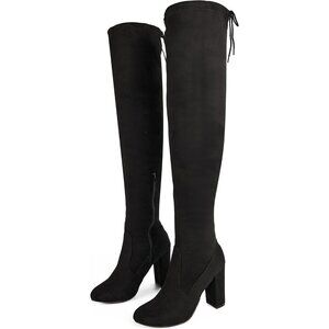 Women's Microfiber Thigh High Block Stiletto Heel Over The Knee Rounded Toe Boot